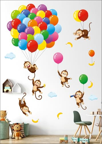 DECOWALL SG-2202 Luftballons Affe Wandaufkleber Cartoon Affen Aufkleber für Kinder Baby Schlafzimmer Kinderzimmer Wohnzimmer Kunst Home Decor Dekoration Abnehmbar