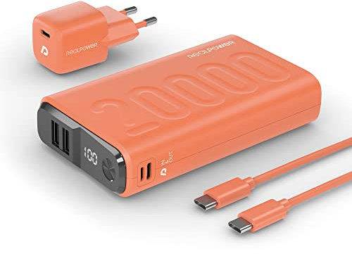 Realpower PB-20000 PowerPack PD Ladeset Powerbank mit 22.5W Power, 20.000mAh Kapazität, Nano USB-C Ladegerät, Schnellladekabel,kompatibel mit iPhone ProMax, iPad,SamsungGalaxy,Google Pixel usw, Orange