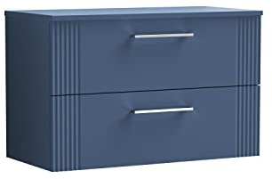 nuie DPF395W Deco Modern Bathroom Wall Hung 2 Drawer Part Fluted Vanity Basin Unit with Worktop, 800mm, Satin Blue