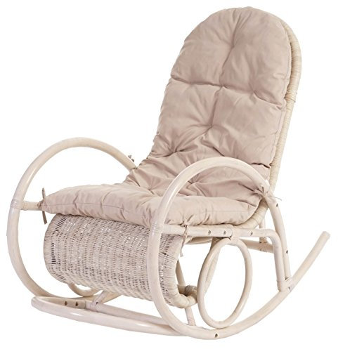 Mendler Schaukelstuhl Esmeraldas-AM, Schwingsessel Rattansessel, weiß - Auflage Creme