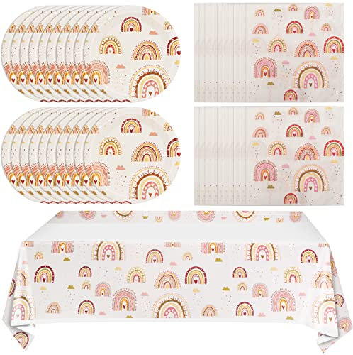 Boho Rainbow Party Supplies Boho Rainbow Baby Shower Tableware Set Including Paper Plates Napkins Tablecloth for Boho Birthday Party Baby Shower Decorations Supplies