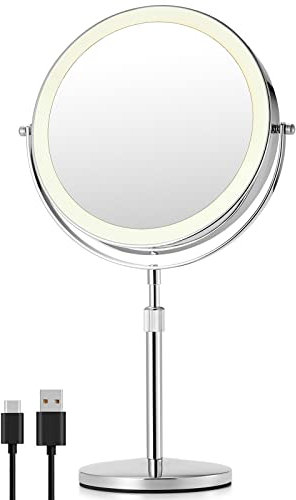 OMIRO 3X/10X Magnifying Makeup Mirror with Light, 8.5 Inches Double Sided Swivel-Free Vanity Mirror with height-adjustable stand (Silver)