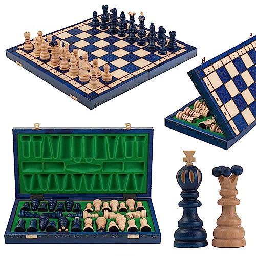 Handgefertigt Schachbrett Holz Klappbar | Master of Chess Schachspiel Holz Blaue | Chess Set 42cm | Klassisches Familienschach - Schachbrett mit Figuren