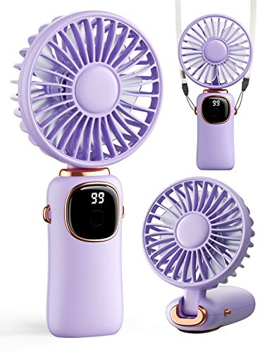 coldSky Portable Handheld Fan, 4000mAh Battery Operated 3 in 1 Multifunction Personal Travel Fan with Digital Display, 90° Foldable Desk Fan with Base, 5 Speed Lash Fan for Makeup/Commute/Office