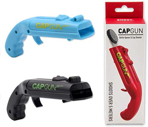Cap Gun Flaschenöffner Lustig, Bieröffner Bottle Opener Kronkorken Pistole für Party Bar Haus, Schussweite über 5 Meters (Schwarz+Blau)