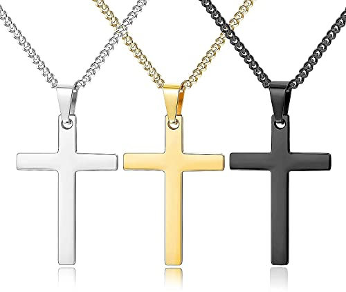 JeweBella 3PCS Cross Pendant Necklaces for Men Women Stainless Steel Smooth Cross Necklace Set Cross Cuban Chain Necklaces Religious Gifts Jewellery for Boy Silver/Gold/Black