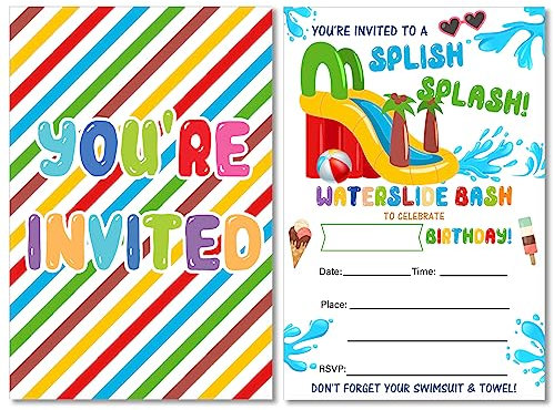 Splish Splash Party-Einladungen mit Umschlägen, Set mit 20 bunten Sommer-Wasserrutschen-Themen, Geburtstagsparty-Einladungen, zum Ausfüllen unbeschriftet, 20 Stück