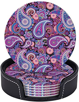Lot de 6 sous-Verres Violets Paisley pour Boissons avec Support, sous-Verres en Cuir imperméables antidérapants pour la Cuisine, Table Basse, Table à Manger, Bar, décoration