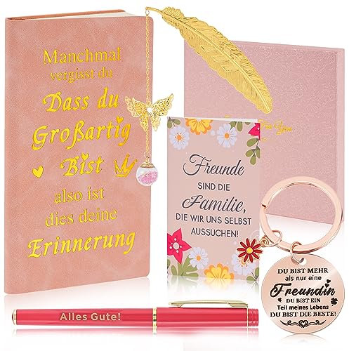 Geschenke Für Freundin Mit Beste Freundin Schlüsselanhänger, Glücksbringer Stift,Rosa A6-Notizbuch, Lesezeichen und Karte, Aufmunterung Geschenke Personalisierte Kleine Geschenk Für Beste Freundin