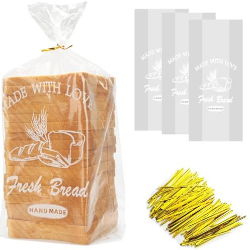 Bolsas de embalaje para pan con lazos, bolsas de plástico grandes para panadería casera, 8 x 4 x 18 pulgadas, paquete de 40 bolsas de pan impresas reutilizables ajustables