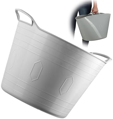 KADAX flexibler Kunststoffkorb mit Griffen, Wäschekorb, multifunktionaler Spielzeugkorb, Mehrzweckkorb, Runder Behälter für Kleidung, Universalkorb (Hellgrau, 42L)