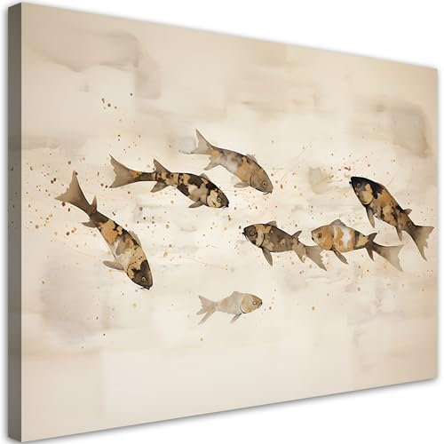 Feeby Bilder Aquarell Koi Karpfen 45x30 cm 1 tlg Schlafzimmer Modern Vlies Leinwandbilder Bild auf Leinwand Kunstdruck Wand Wanddeko Design Wohnzimmer Büro Flur Hotel Spa Fisch Natur Beige