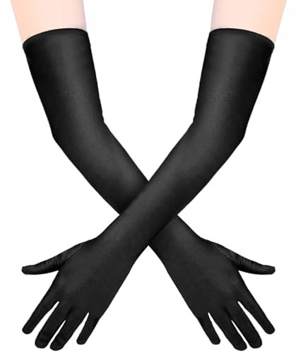 Quelcc Handschuhe Schwarz Lang, 1 Paar Handschuhe Schwarz Kostüm, Handschuhe Damen Elegant, Satin Classic Handschuhe für Frauen Mädchen Halloween Karneval Fasching Fest Party Kostüm