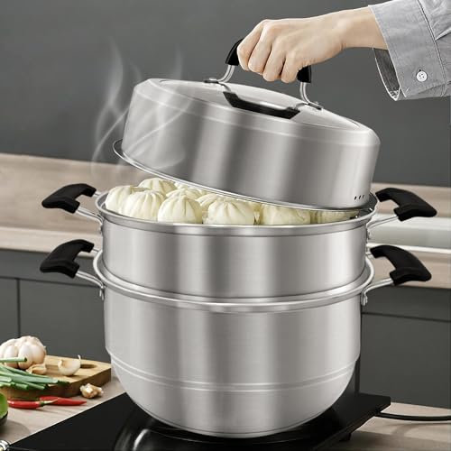 MANO Faitout vapeur de 32 cm avec couvercle en acier inoxydable à 2 niveaux avec poignée pour légumes, boulettes, bouillons, sauces, aliments