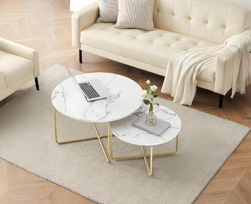 GOKHOMX Lot de 2 Table Basse Gigogne Ronde,Imitation Marbre Table Basse avec Structure en métal doré,La Table d'appoint Salon Ronde est Parfaite pour Le Salon, Salon de thé, Bureau