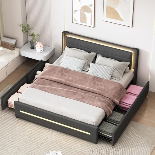 Polsterbett 160x200cm, LED Doppelbett mit Lattenrost und 4 Stauraumschublade, Stauraumbett Jugendbett Gästebett Gepolstertes Bett Rückenlehne Bettgestell Funktionsbetten, Leinen, ohne Matratze, Grau