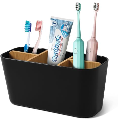 Votoko Zahnbürstenhalter, Kunststoff Toothbrush Holder mit Bambus Trennwänden, Zahnbürstenständer mit 4 Zahnbürstenfächer +1 Aufbewahrungsschlitz, Elektrische Zahnbürste Organizer für Bad Büro Familie