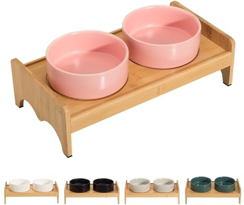 Elevated Ceramic Dog Bowl Set - Double Dog Bowls with Bamboo Stand Anti Vomiting - Raised Dog Food and Water Bowl Set - Small Dog Feeding Bowls - Pet Dishes for Cats and Puppies - 16.23 OZ - 2 CUPS