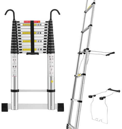 STANEW Escalera Telescópica 5M de Aluminio con Estabilizador de Escalera, Escalera Extensible con Barra de Equilibrio Inferior y Ganchos Extraíbles Adecuado, Plegable, Carga 150 kg