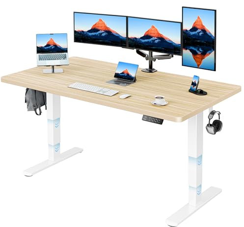HUANUO Standing Desk 3-Stage Legs 160x80cm One-Piece Desktop,Height Adjustable Desk with Dual powerful motors,120kg Load capacity Adjustable Desk with 4memory control for the home office, White