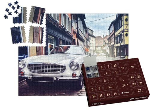 puzzleYOU: Puzzle-Adventskalender | „Retro-Auto in der Altstadt“ – aus der Puzzle-Kollektion Autos, Oldtimer