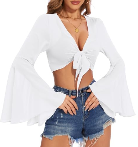 V Neck Bell Sleeve Tops for Women Tie Front Long Sleeve Blouse Sheer Mesh Crop Rave Top, White, S