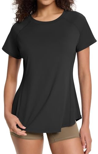 EFFAN T-shirt de sport pour femme - Hauts d'été - Pour la course à pied, le yoga, les vêtements de sport - Vêtements de sport à manches courtes et col rond, Noir , S
