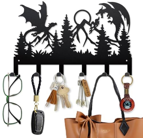 MAYJOYDIY Porte Clés en Métal Double Dragon Porte Manteau Mural Forêt de Montagne 40×25cm Décoration Murale Art Porte Clés Organiseur avec 6 crochets pour Manteaux Chapeaux Serviettes Sacs à Suspendre