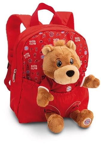 NICI Rucksack 21x26cm mit Kuscheltier Bär Berni 25cm FC BAYERN MÜNCHEN - rot - Abnehmbares, flauschiges Plüschtier, Kita- & Kindergarten- Rucksack mit NICI Kuscheltier für Jungen und Mädchen - 61617