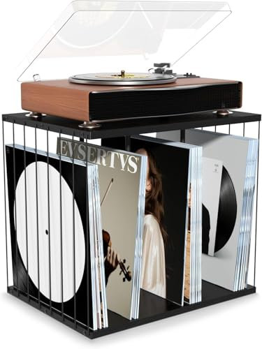 Emfogoo Porta Vinili, Legno Cornice Vinile con 3 Scomparti, Stile Vintage Multifunzionale Mobile Porta Dischi Vinile per Esporre Fino a 80-100 Album e Riviste, per Soggiorno, Ufficio e Studio (Nero)