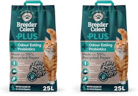 Breeder Celect Plus All-Natural Cat Litter with Odour-Eating Probiotics (25L) – 99% Recycled Paper, Highly Absorbent Litter/Bedding, Soft & Safe for Kittens, Non-Clumping, Biodegradable & Compostable