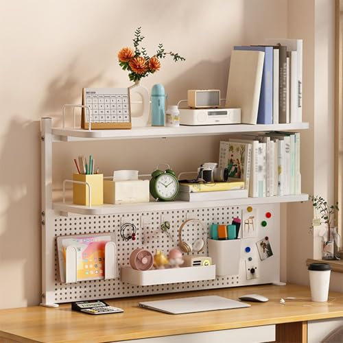 Laohucai 3 Tier Clamp on Desk Organizer Shelf with Pegboard,Metal Desktop Hutch Shelf(White,60cm/23.6)