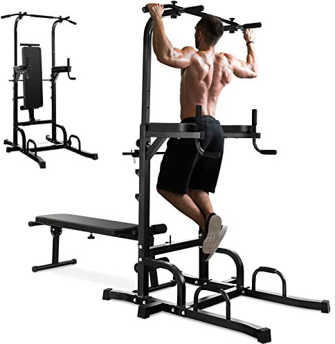 COSTWAY 6 in 1 Power Tower mit klappbarer Hantelbank, Dip Station mit Klimmzugstange & 7 verstellbaren Höhen, Kraftstation freistehend, Kraftturm Sportgeräte für Zuhause & Fitnessstudio