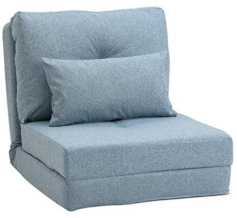 HOMCOM 2 in 1 Schlafsessel Klappbar Schlafsofa mit Bettfunktion Verstellbarer Rückenlehne Kissen Gästebett in Leinenoptik Klappsessel Sessel für Wohnzimmer Schlafzimmer 60 x 80 x 56 cm Himmelblau