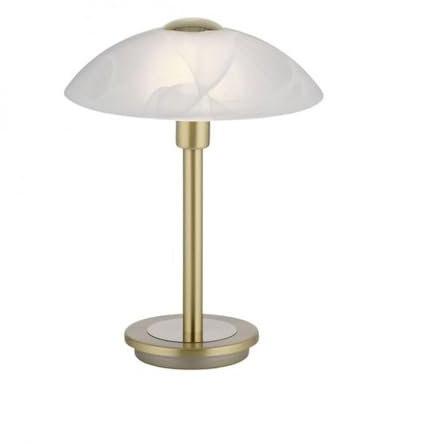 Licht-Erlebnisse LED Tischleuchte Alabasterglas Metall in Messing Schlafzimmer Wohnzimmer 28 cm 3 W 3000 K Touch Dimmer Klassische Nachttischlampe blendarm NARTOS