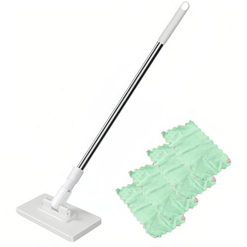 Qukaim Dust Mop with 4 Reusable Cloths, Sweeper Mop Auto Clamp, No-Hands, Mini Mop for Tight Spaces, 360° Swivel Head, Secure Lock, Kitchen & Bathroom Cleaner