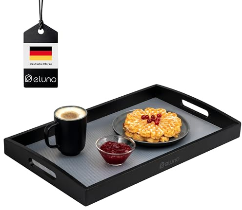 eluno Serviertablett aus Bambus, Servierplatte mit seitlichen Griffen und Einlegeboden, ideal als Frühstückstablett - geeignet für Wohnzimmer, Schlafzimmer oder als Dekoration (Schwarz)