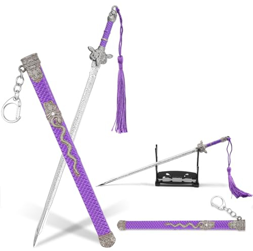 Ouvre-lettres antique en forme d'épée avec fourreau violet et support de présentation – Porte-clés en métal de style Jian chinois, ouvre-enveloppe, cadeau pour les fans de figurines d'action