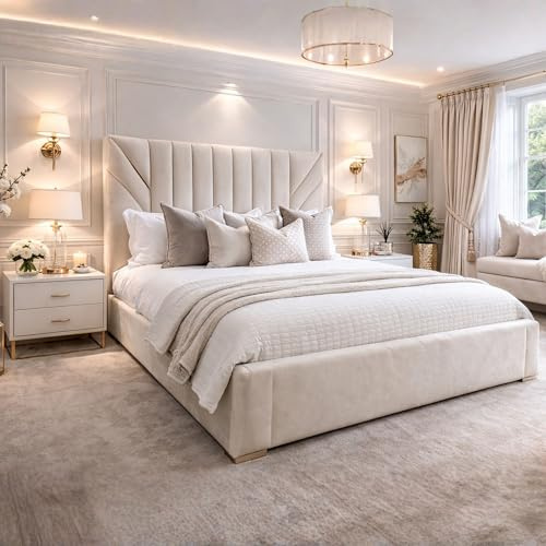 Luxury Upholstered Plush Velvet Bed Frame with Ottoman Gaslift Storage 4ft - 6ft Panel Headboard Small Double Double King Super King - 5ft King Size Bed Only - Cream Non-Storage Slattted Base