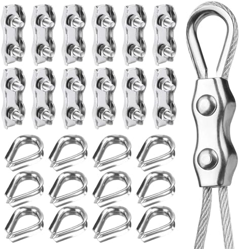 24 Piezas Abrazadera Dúplex y Cable Dedales,M4 Abrazadera Cable de Alambre de Acero Inoxidable,Doble Clip de Cuerdas de Alambre para Cables Acero 2-3 mm Tendederos y Colgante la Bandera