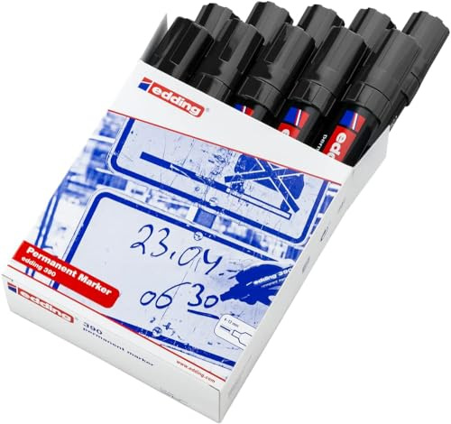 edding 390 permanent marker - black - box of 10 - wide chisel nib 4-12 mm - waterproof, quick-drying - multi-purpose marker, universal pen - for cardboard, plastic, wood, metal, glass, pebbles, canvas