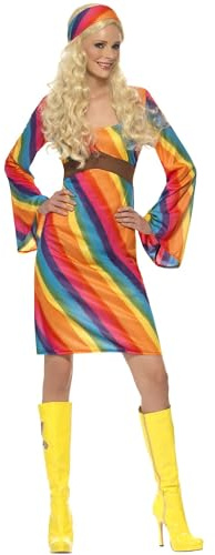 Smiffys Rainbow Hippie Costume, Multi-Coloured with Dress and Headband, 1970's Disco Fancy Dress, 1970s Dress Up Costumes