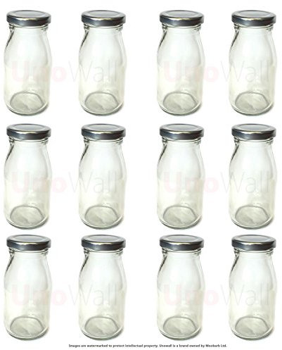 Unowall Set of 12 Classic Mini Glass Milk Bottles with Silver lids - Funky, retro design - Great for Weddings, BBQ, Parties. 200ml
