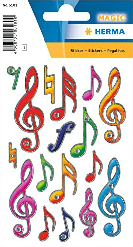 HERMA 6181 Aufkleber Musik Glitzer, 17 Stück, Musiknoten Sticker mit Notenschlüssel Motiv, Kinder Etiketten für Fotoalbum Tagebuch Poesiealbum Scrapbooking Geburtstag Dekoration Briefe DIY Basteln