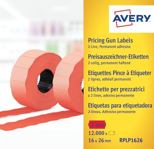 Avery Zweckform RPLP1626 Preisauszeichner-Etiketten, 2-zeilig, 16 x 26 mm, 10 Rollen/12.000 Etiketten, rot