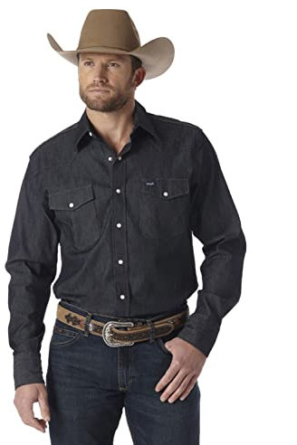 Wrangler Mens Premium Performance Cowboy Cut Long Sleeve Spread Collar Solid Shirt, Denim, S