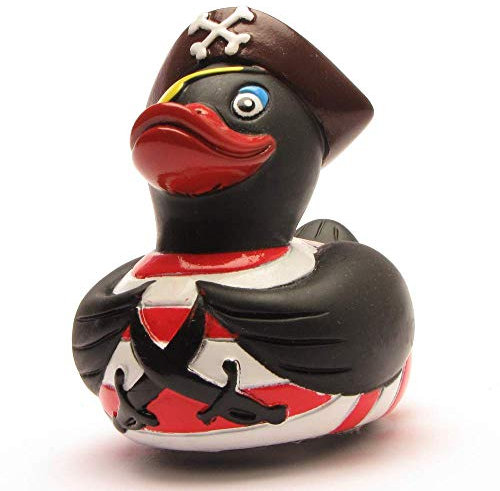 Badeente schwarzer Pirat I Quietscheente I Duckshop I L: 7,5 cm - inkl. Badeenten-Schlüsselanhänger im Set
