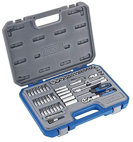 Alyco - Juego de Llaves de Vaso de 1/4'', con Carraca Extensible de 72 Dientes, con Diferentes Accesorios, 58 Piezas - 192187