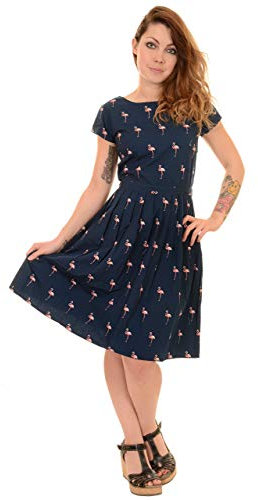 Run & Fly Femmes Années 50 Années 60 Rétro Indie Vintage Flamant Rose Thé Robe Ceinture - Bleu Marine, 8