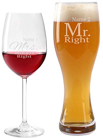 Leonardo Weizenglas und Weinglas Mr. & Mrs. Always Right mit Ihrem Namen zur Hochzeit